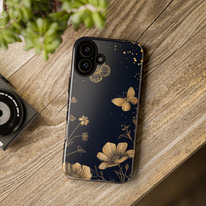 Gold Floral Butterfly Phone Case, Dark Aesthetic Botanical, Elegant Black Luxury iPhone Samsung Cover