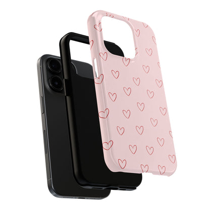 Pink Doodle Hearts Phone Case | Minimal Cute Heart Pattern Tough Case