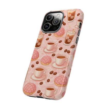 Cute Coffee & Pink Concha Phone Case – Coffee Lover Aesthetic Latte Pattern Tough Case