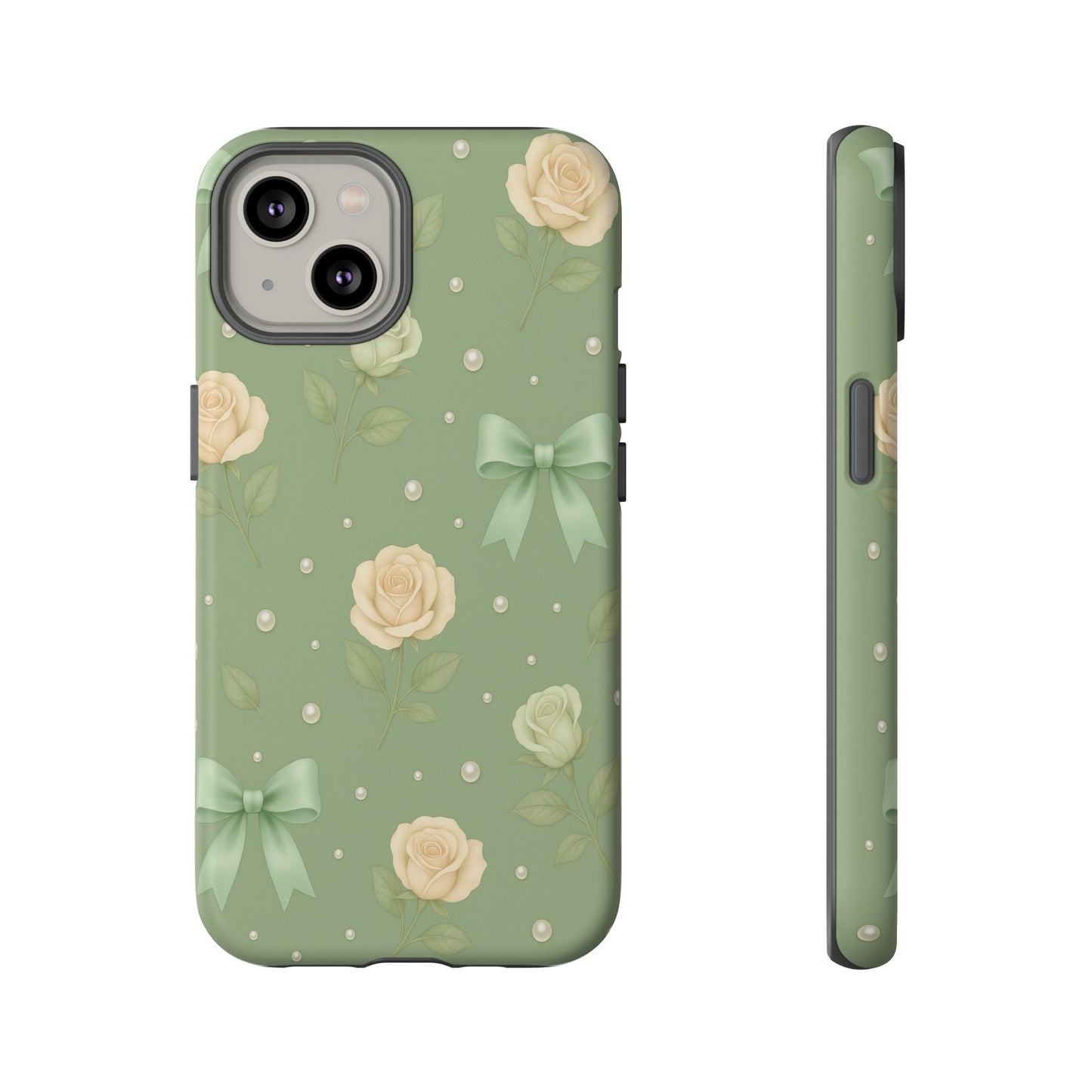 Vintage Rose Bow Phone Case – Sage Green Floral Coquette Aesthetic Tough Case (iPhone, Samsung, Pixel)