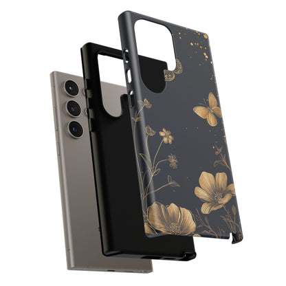 Gold Floral Butterfly Phone Case, Dark Aesthetic Botanical, Elegant Black Luxury iPhone Samsung Cover
