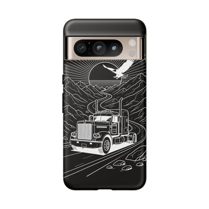 Trucker Highway Phone Case | Eagle & Mountain Line Art | Black Western Tough Case