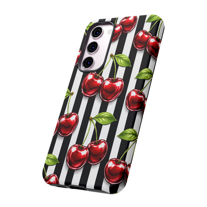 Cherry Pattern Phone Case Black White Stripe Retro Aesthetic Tough Cover
