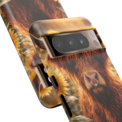 Highland Cow Sunflower Phone Case | Floral Farmhouse iPhone, Samsung Galaxy and Pixel Cover