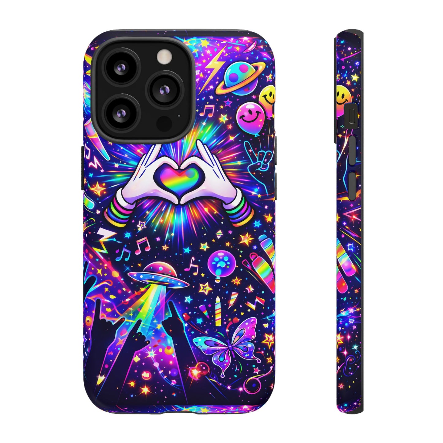 Rainbow Heart Hands Phone Case – Neon Galaxy EDM Festival Tough Cover