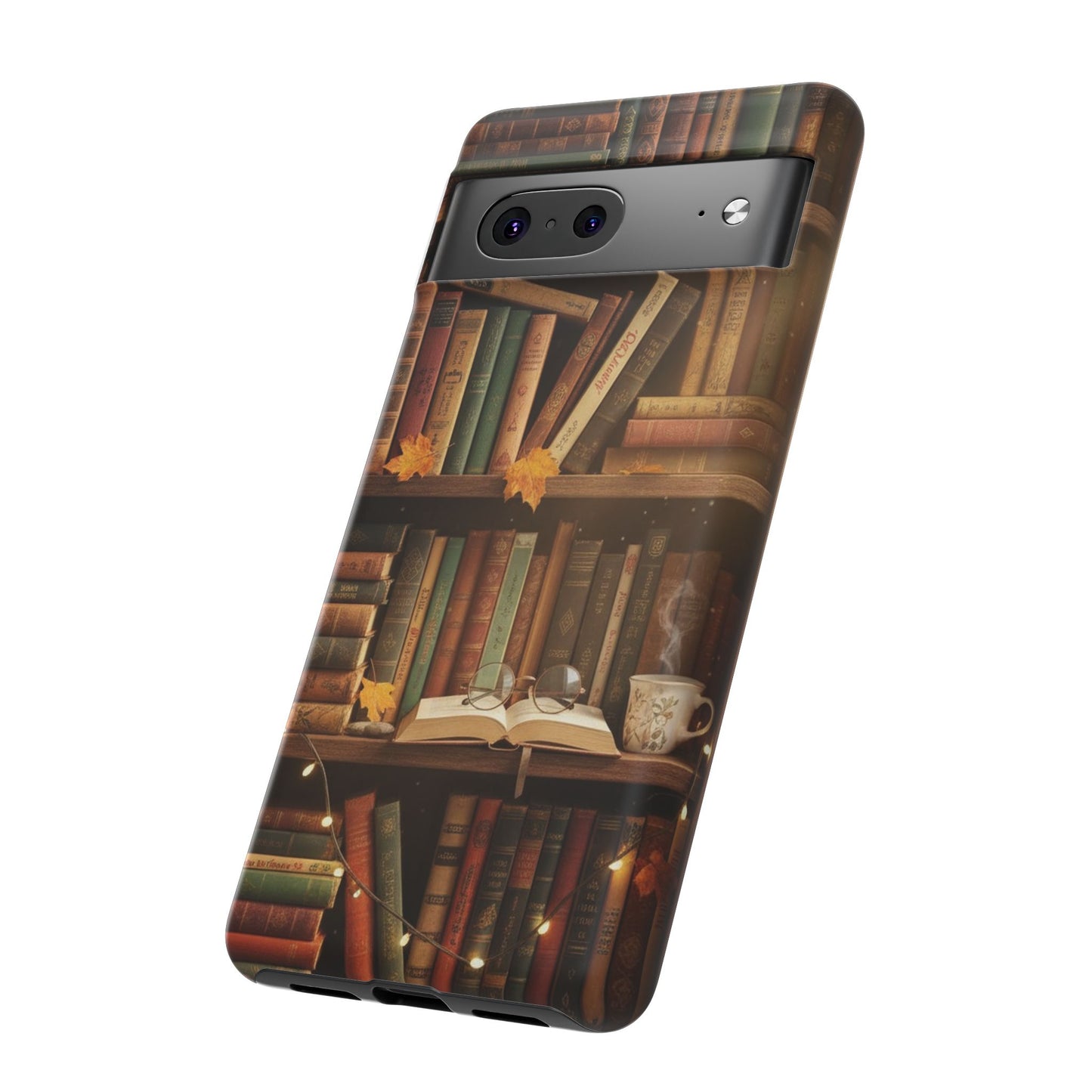 Cozy Vintage Bookshelf Phone Case, Library Aesthetic Book Stack, Autumn Coffee Vibes (iPhone, Samsung, Pixel)