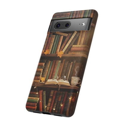 Cozy Vintage Bookshelf Phone Case, Library Aesthetic Book Stack, Autumn Coffee Vibes (iPhone, Samsung, Pixel)