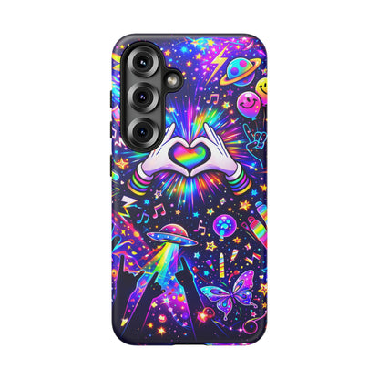 Rainbow Heart Hands Phone Case – Neon Galaxy EDM Festival Tough Cover