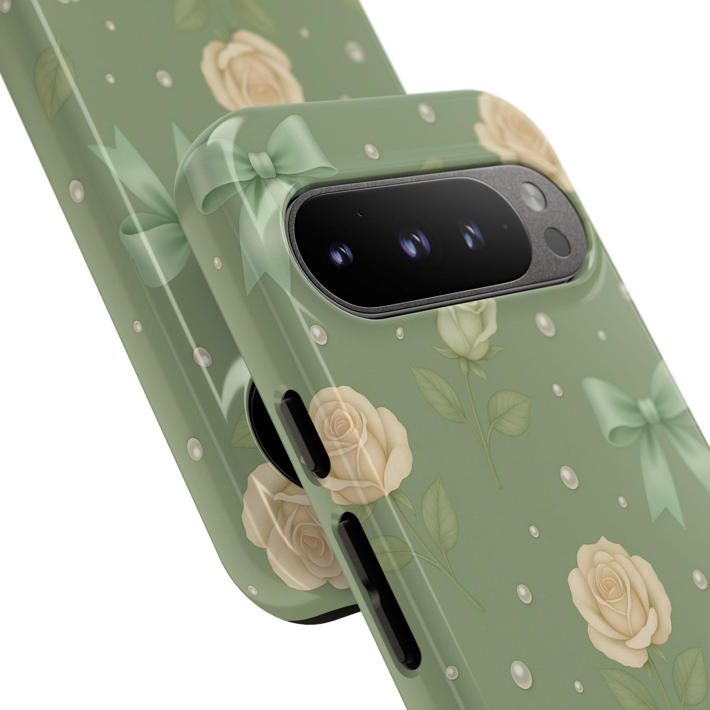 Vintage Rose Bow Phone Case – Sage Green Floral Coquette Aesthetic Tough Case (iPhone, Samsung, Pixel)
