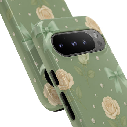 Vintage Rose Bow Phone Case – Sage Green Floral Coquette Aesthetic Tough Case (iPhone, Samsung, Pixel)