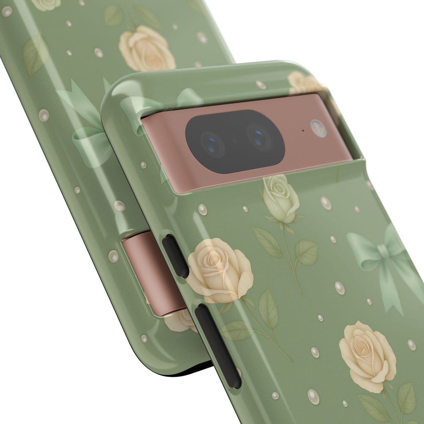 Vintage Rose Bow Phone Case – Sage Green Floral Coquette Aesthetic Tough Case (iPhone, Samsung, Pixel)