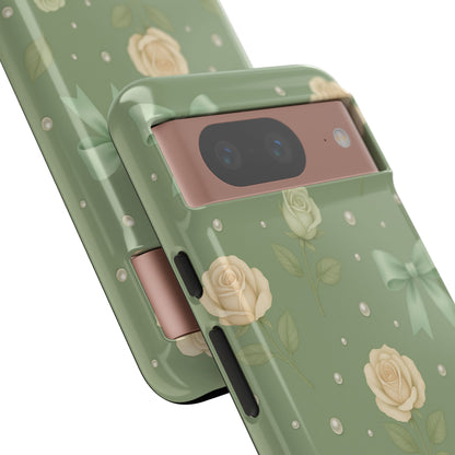 Vintage Rose Bow Phone Case – Sage Green Floral Coquette Aesthetic Tough Case (iPhone, Samsung, Pixel)