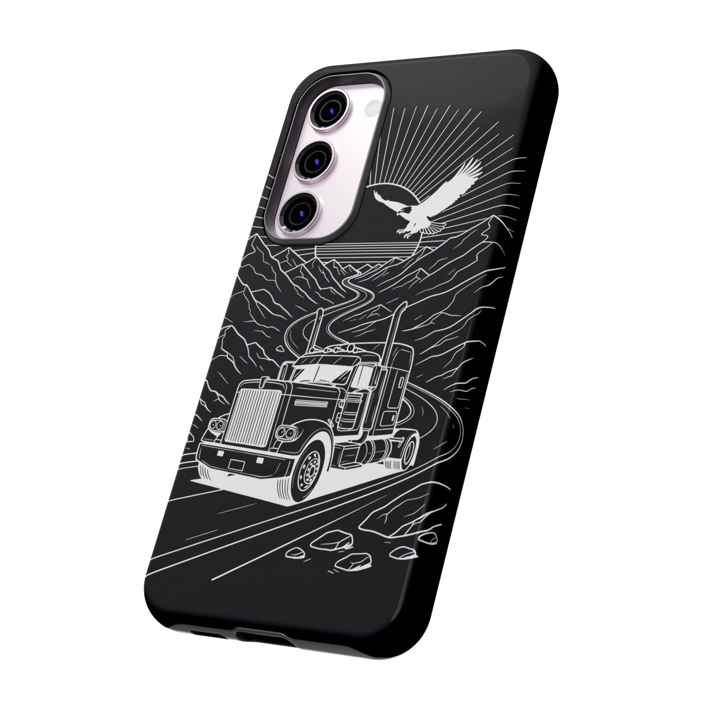 Trucker Highway Phone Case | Eagle & Mountain Line Art | Black Western Tough Case