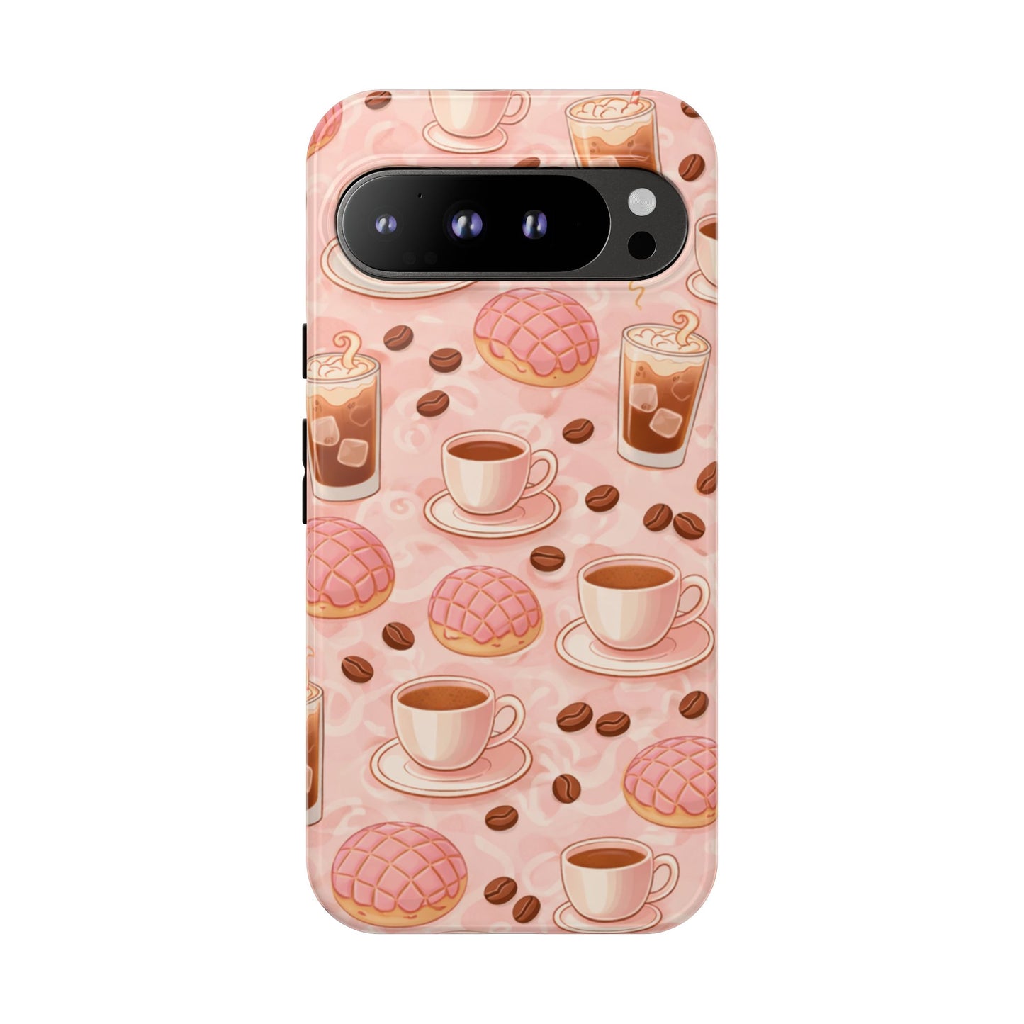 Cute Coffee & Pink Concha Phone Case – Coffee Lover Aesthetic Latte Pattern Tough Case