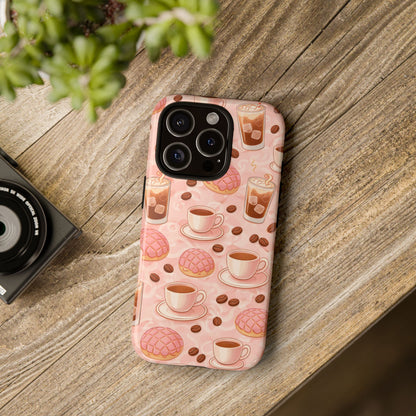 Cute Coffee & Pink Concha Phone Case – Coffee Lover Aesthetic Latte Pattern Tough Case