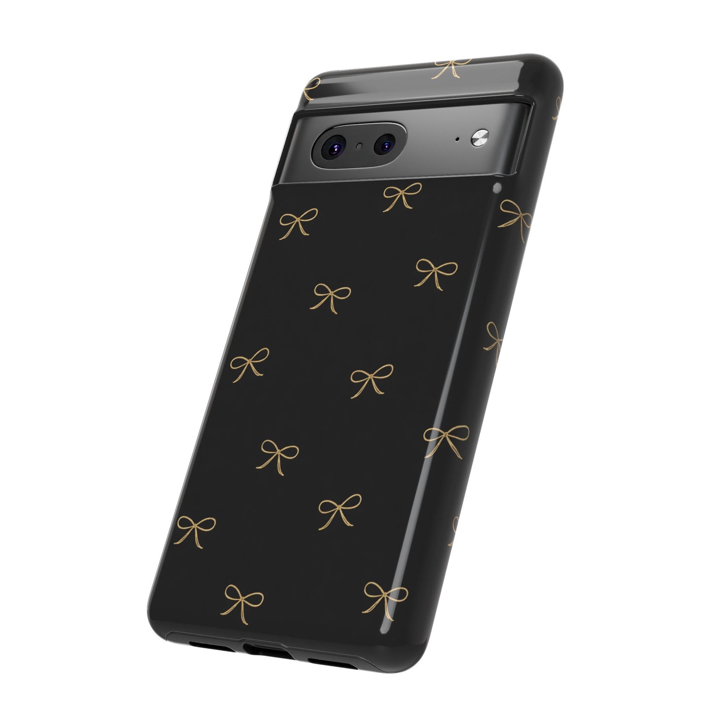 Black Phone Case with Gold Bow Pattern – Slim Protective Cute Aesthetic Cover for Iphone, Samsung Galaxy and Pixel