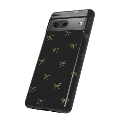 Black Phone Case with Gold Bow Pattern – Slim Protective Cute Aesthetic Cover for Iphone, Samsung Galaxy and Pixel