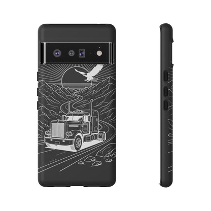 Trucker Highway Phone Case | Eagle & Mountain Line Art | Black Western Tough Case