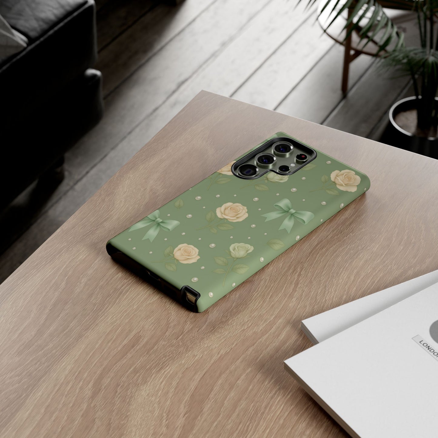 Vintage Rose Bow Phone Case – Sage Green Floral Coquette Aesthetic Tough Case (iPhone, Samsung, Pixel)