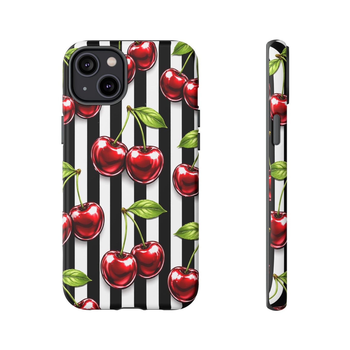 Cherry Pattern Phone Case Black White Stripe Retro Aesthetic Tough Cover