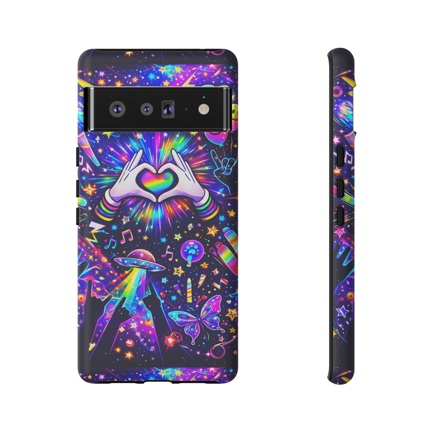 Rainbow Heart Hands Phone Case – Neon Galaxy EDM Festival Tough Cover
