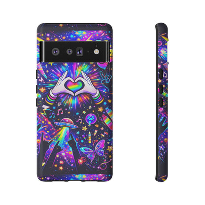 Rainbow Heart Hands Phone Case – Neon Galaxy EDM Festival Tough Cover