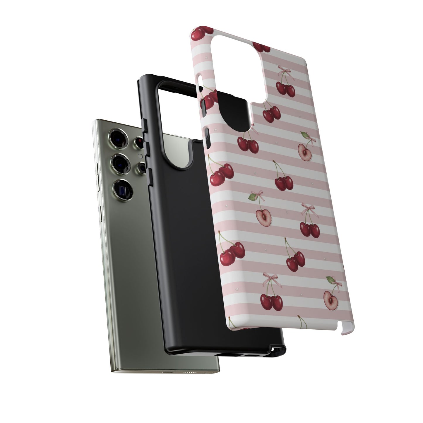 Pink Cherry Stripe Phone Case | Cute Coquette Aesthetic Protective Tough Case