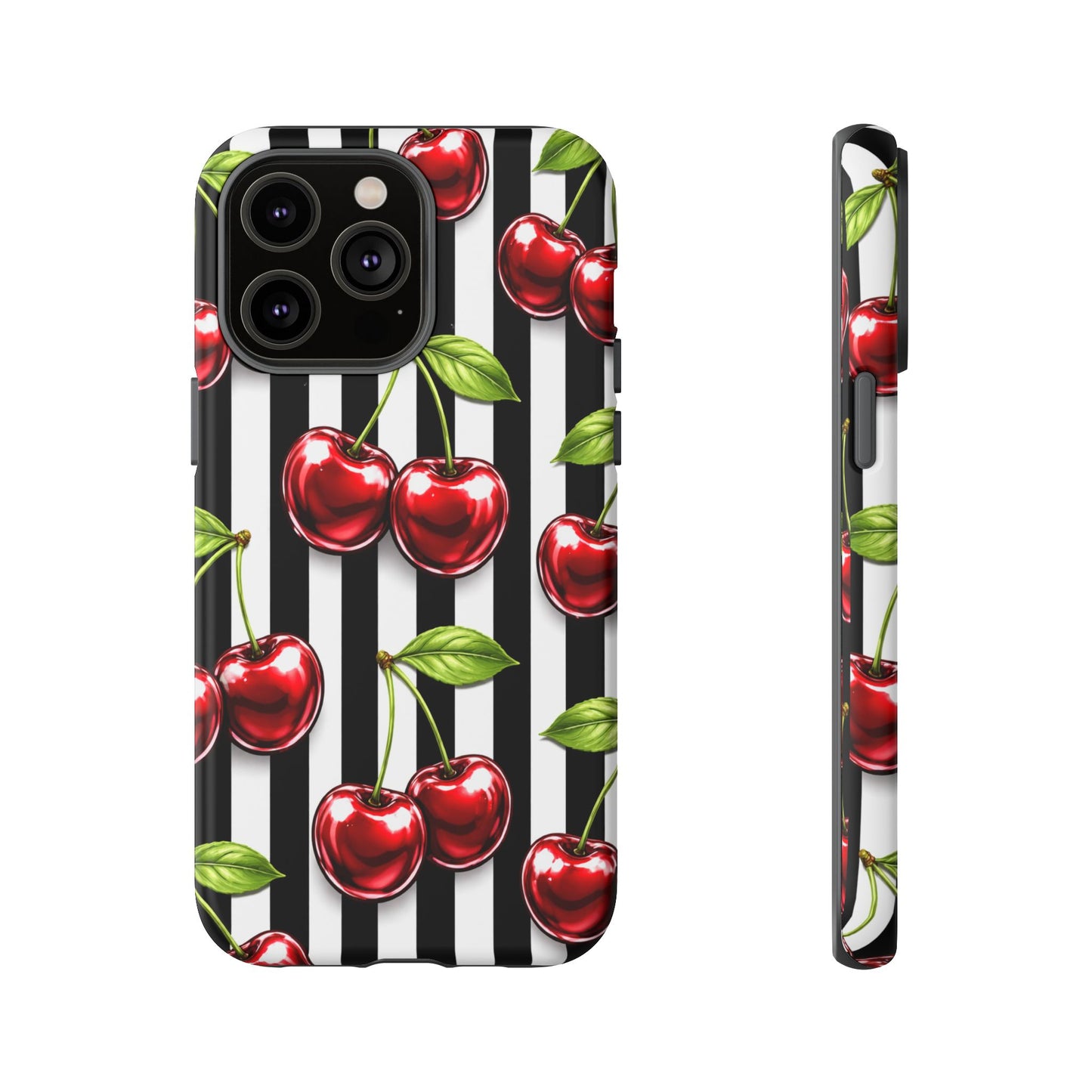 Cherry Pattern Phone Case Black White Stripe Retro Aesthetic Tough Cover