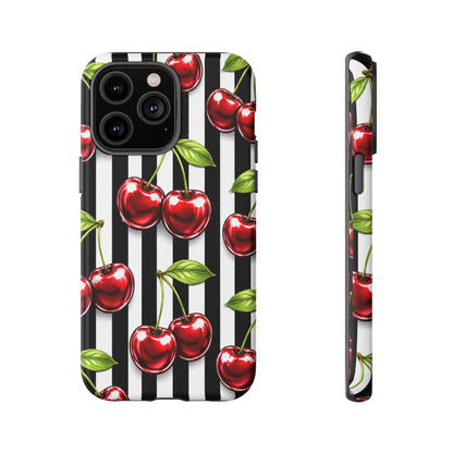 Cherry Pattern Phone Case Black White Stripe Retro Aesthetic Tough Cover