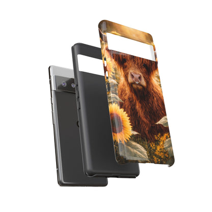 Highland Cow Sunflower Phone Case | Floral Farmhouse iPhone, Samsung Galaxy and Pixel Cover