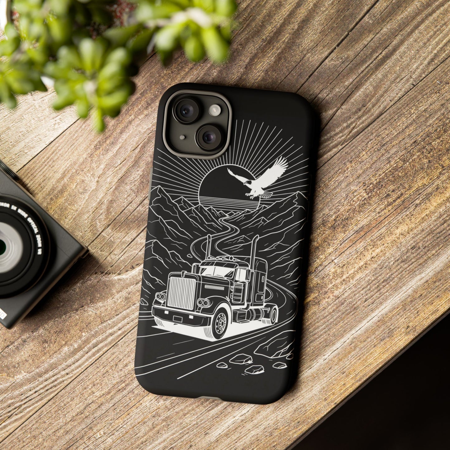 Trucker Highway Phone Case | Eagle & Mountain Line Art | Black Western Tough Case
