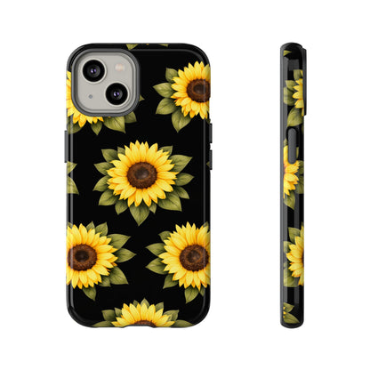 Sunflower Floral Tough Phone Case – Black Background Protective Cover for Iphone, Samsung Galaxy and Pixel