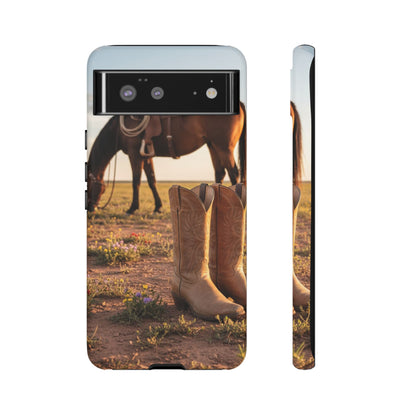 Western Cowboy Boots Phone Case – Rustic Horse Sunset Tough Case (iPhone, Samsung, Pixel)