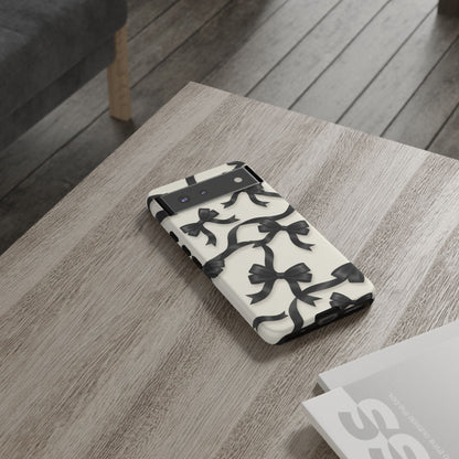 Black Ribbon Bow Phone Case, Minimal Bow Pattern Tough Protective Case