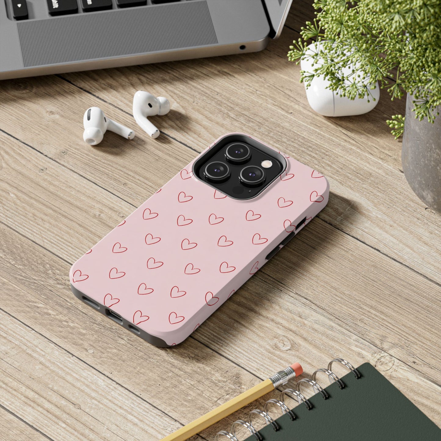 Pink Doodle Hearts Phone Case | Minimal Cute Heart Pattern Tough Case