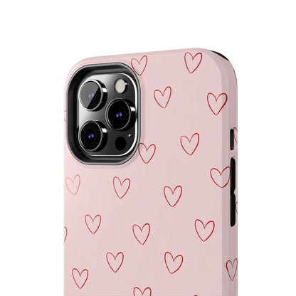 Pink Doodle Hearts Phone Case | Minimal Cute Heart Pattern Tough Case