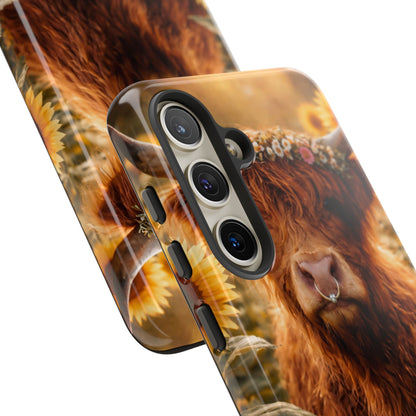 Highland Cow Sunflower Phone Case | Floral Farmhouse iPhone, Samsung Galaxy and Pixel Cover