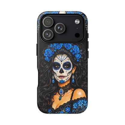 Blue Sugar Skull Woman Phone Case – Day of the Dead Aesthetic Tough Cover