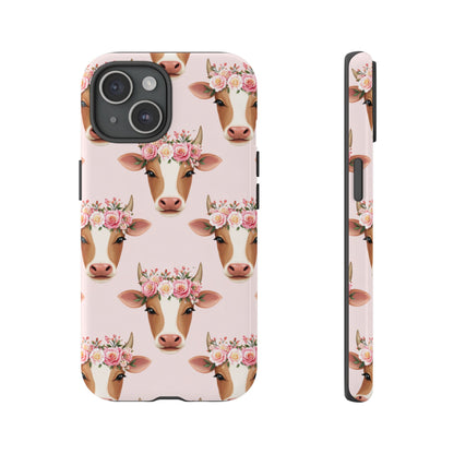 Floral Cow Phone Case – Cute Pink Cow Print Tough Protective Case for Iphone, Samsung Galaxy and Pixel