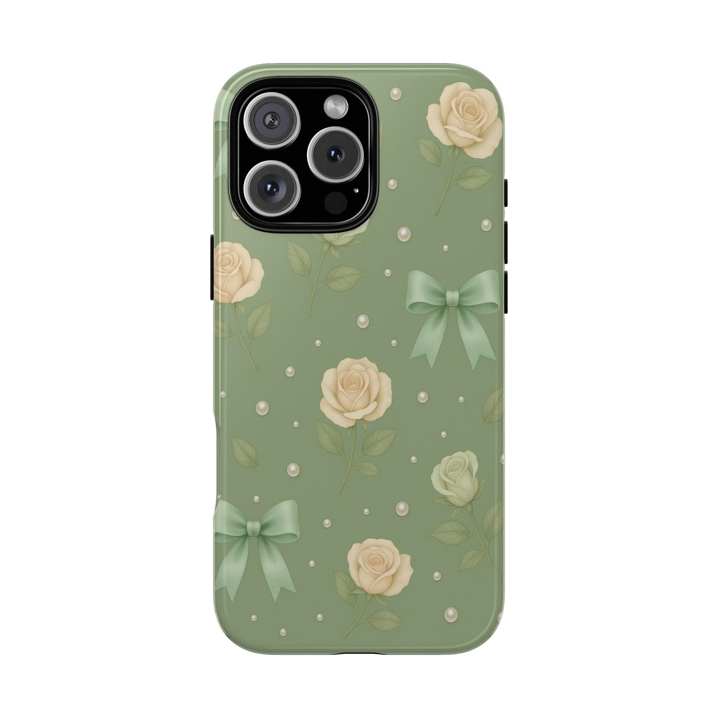Vintage Rose Bow Phone Case – Sage Green Floral Coquette Aesthetic Tough Case (iPhone, Samsung, Pixel)