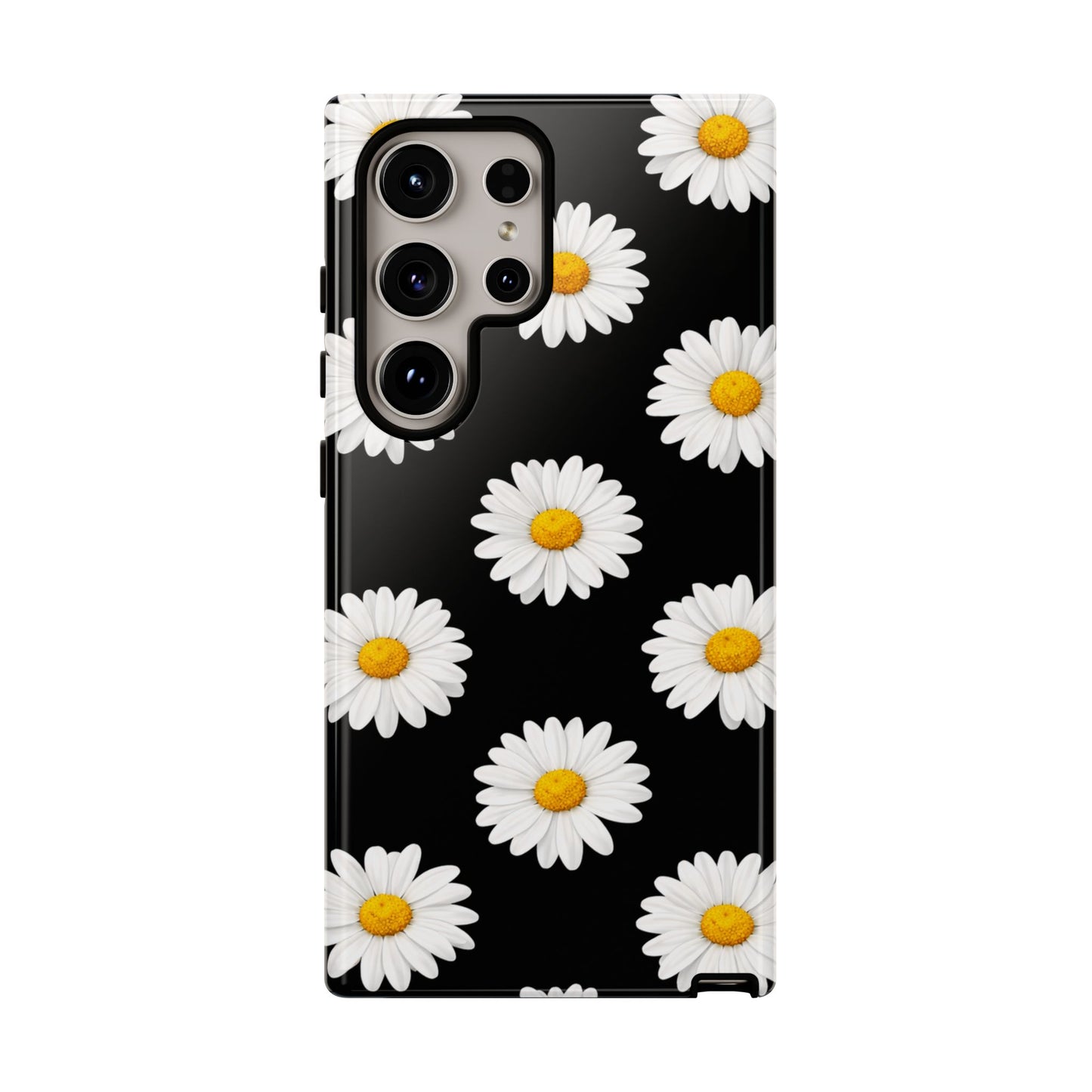 Black Daisy Floral Tough Phone Case – Cute Protective Cover for Iphone, Samsung Galaxy and Pixel