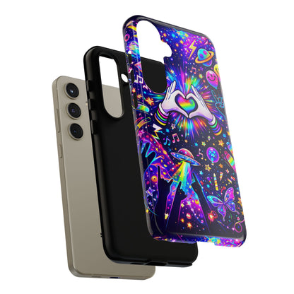 Rainbow Heart Hands Phone Case – Neon Galaxy EDM Festival Tough Cover