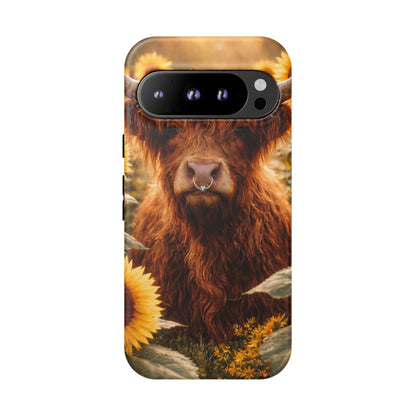 Highland Cow Sunflower Phone Case | Floral Farmhouse iPhone, Samsung Galaxy and Pixel Cover