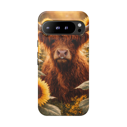 Highland Cow Sunflower Phone Case | Floral Farmhouse iPhone, Samsung Galaxy and Pixel Cover