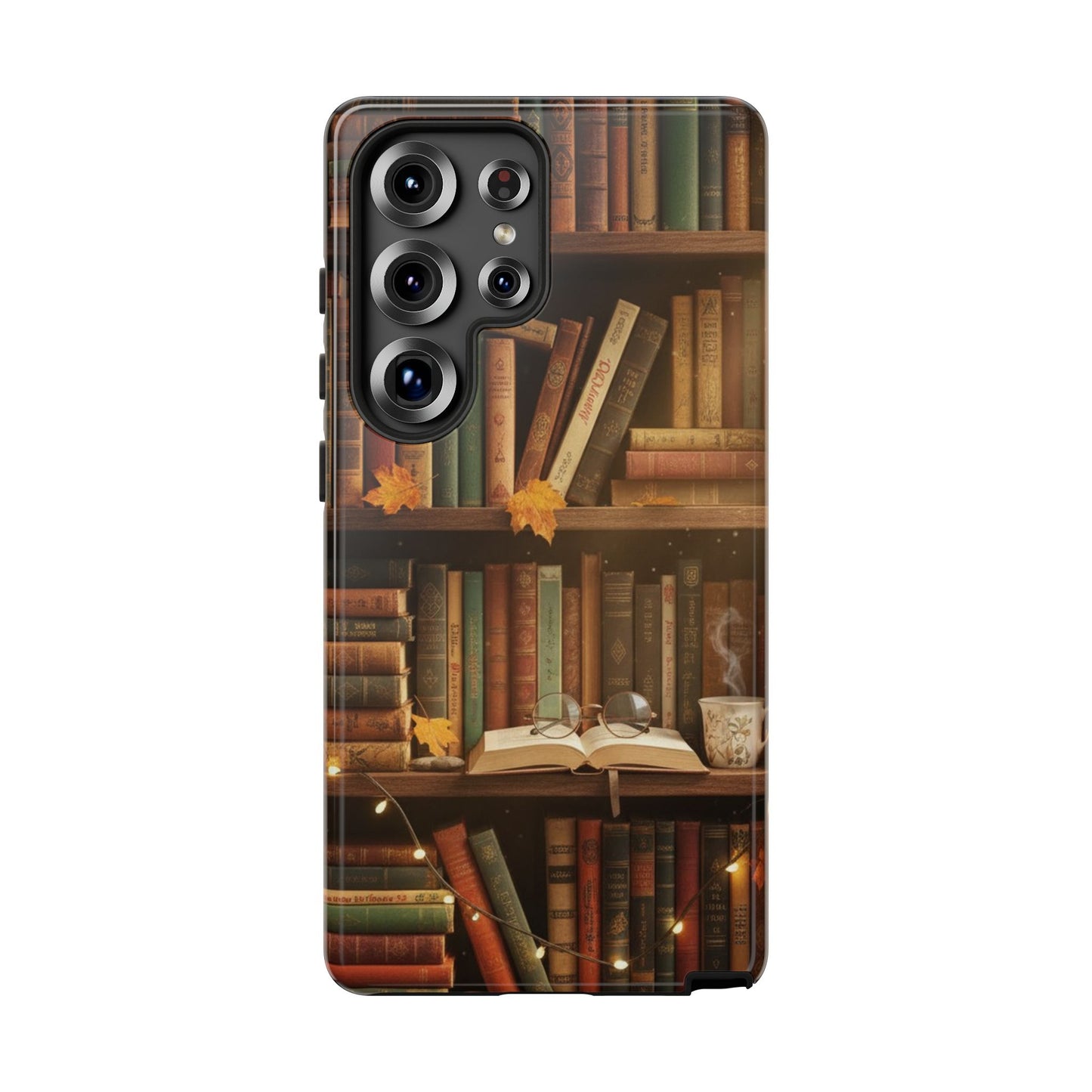 Cozy Vintage Bookshelf Phone Case, Library Aesthetic Book Stack, Autumn Coffee Vibes (iPhone, Samsung, Pixel)