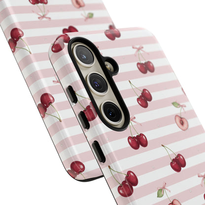 Pink Cherry Stripe Phone Case | Cute Coquette Aesthetic Protective Tough Case