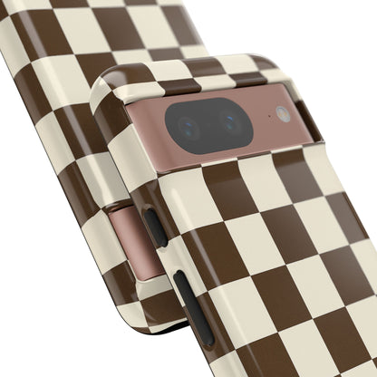 Mocha Checkerboard Phone Case | Neutral Aesthetic Checkered iPhone & Samsung Tough Case