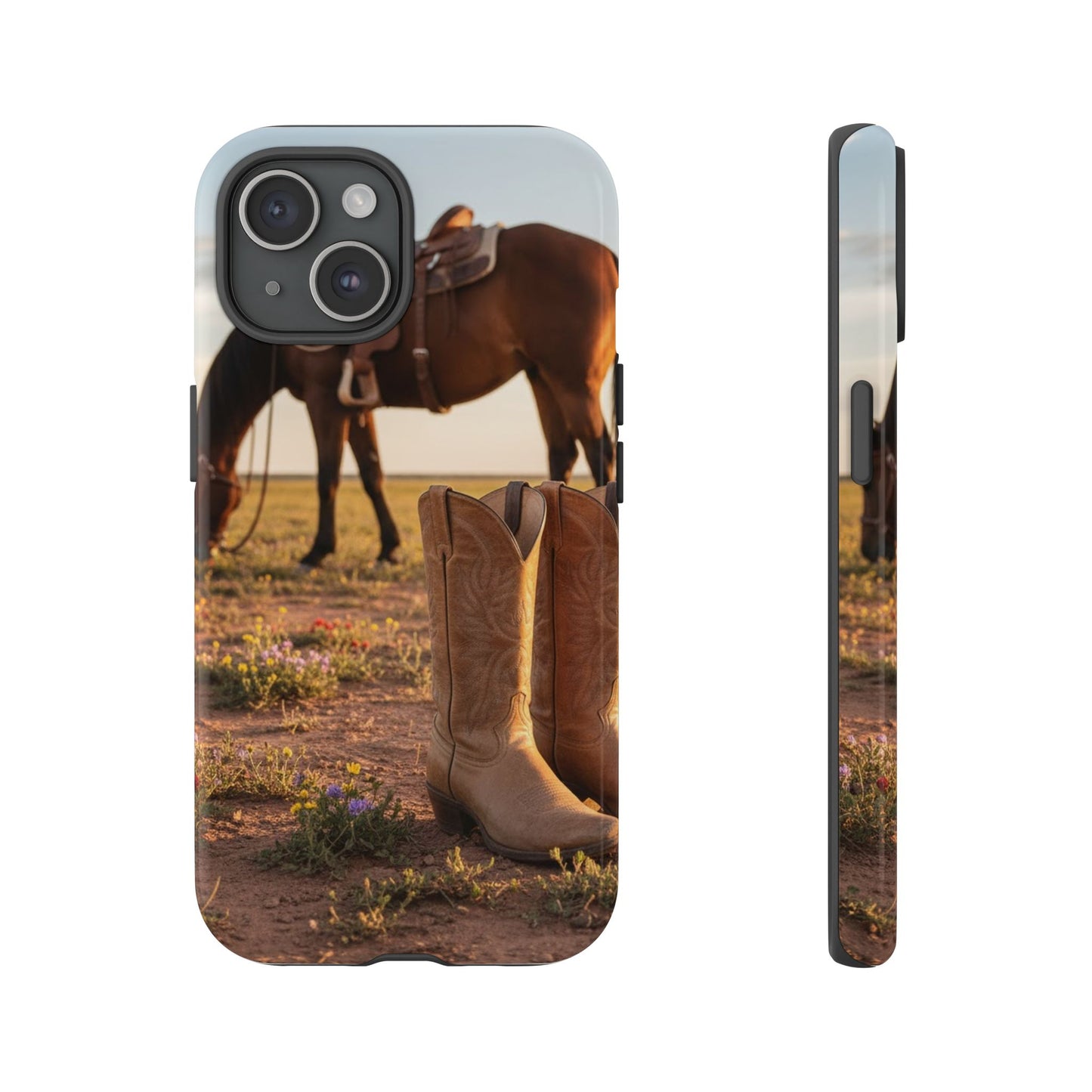 Western Cowboy Boots Phone Case – Rustic Horse Sunset Tough Case (iPhone, Samsung, Pixel)