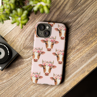 Floral Cow Phone Case – Cute Pink Cow Print Tough Protective Case for Iphone, Samsung Galaxy and Pixel