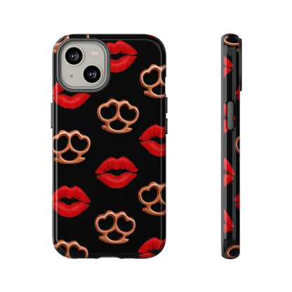 Red Lipstick & Knuckle Duster Phone Case | Bold Kiss Print Tough Protective Cover for Iphone, Samsung Galaxy and Pixel